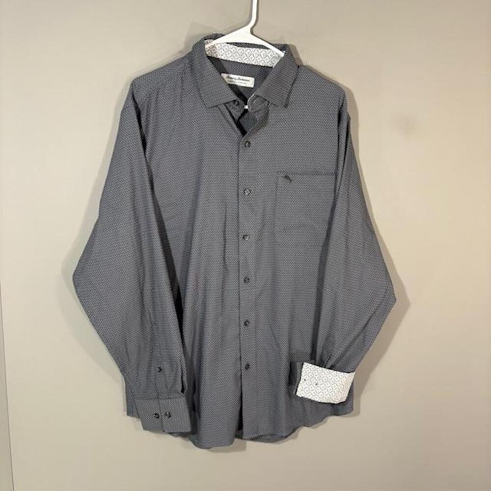 Tommy Bahama Sarasota Stretch Shirt Mens Large Gray Geometric Long Sleeve